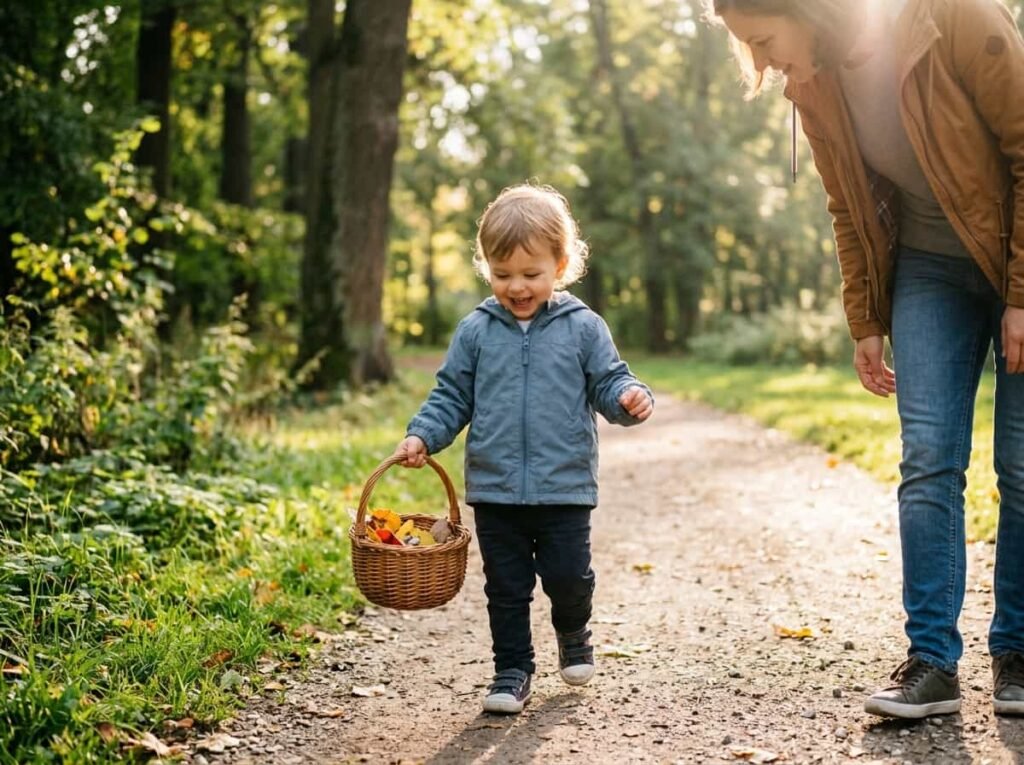 Toddler collecting leaves and stones on a nature walk as part of preschool at home