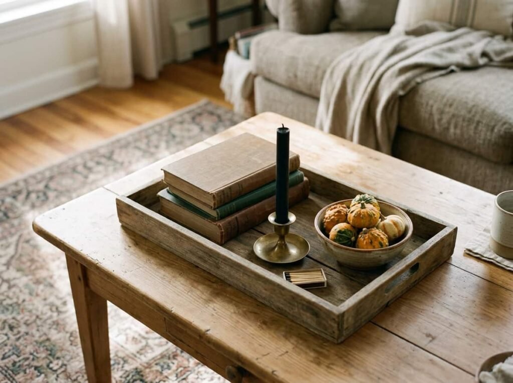 spooky living room ideas with a styled coffee table tray and candle centerpiece]