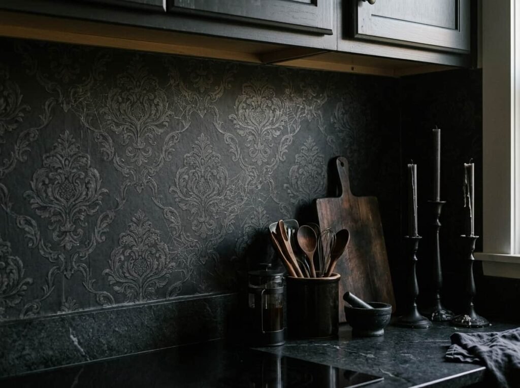 Dark patterned peel-and-stick backsplash in a Halloween kitchen