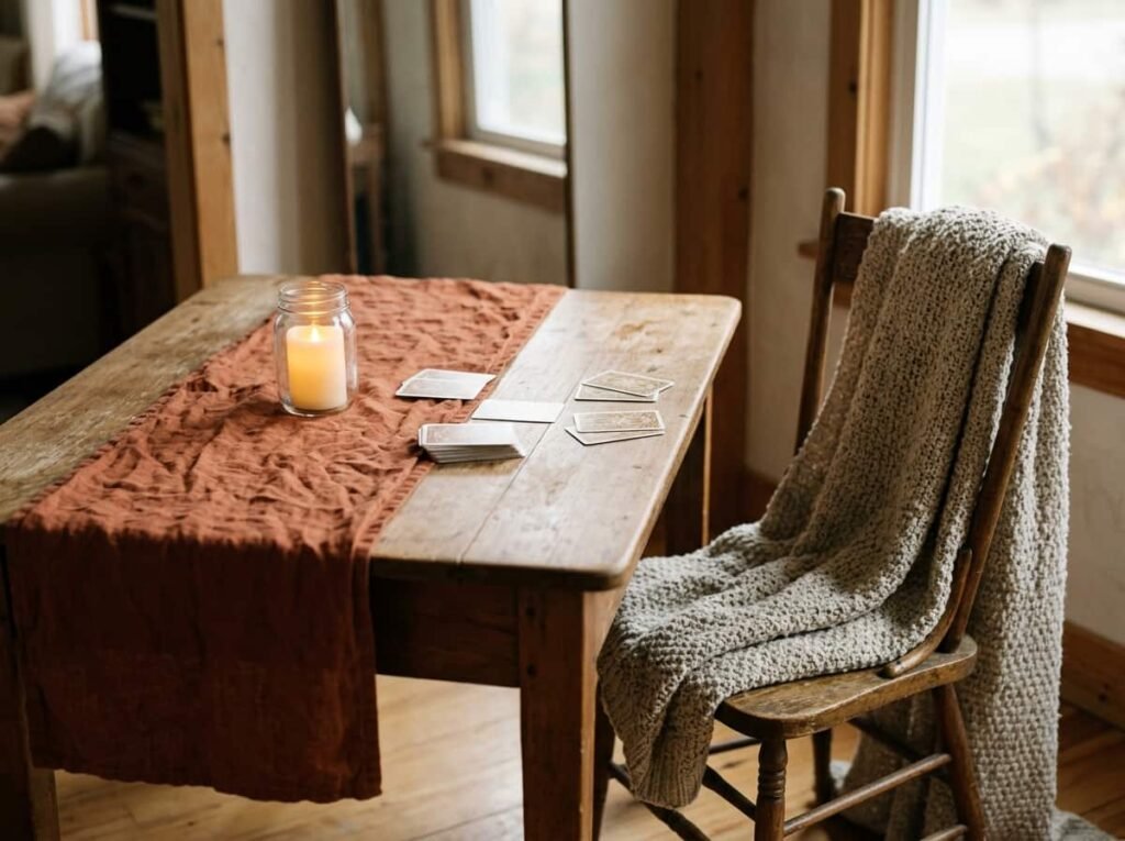 Simple fall game table with rust runner, candle, and knit throw for an easy cozy setup