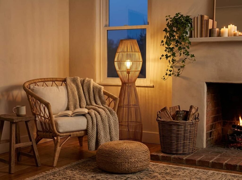 Reading corner with rattan chair, woven pouf, and firewood basket by the hearth