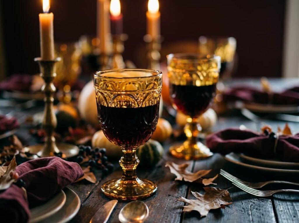Amber goblets filled with dark red wine on a moody burgundy Thanksgiving table.