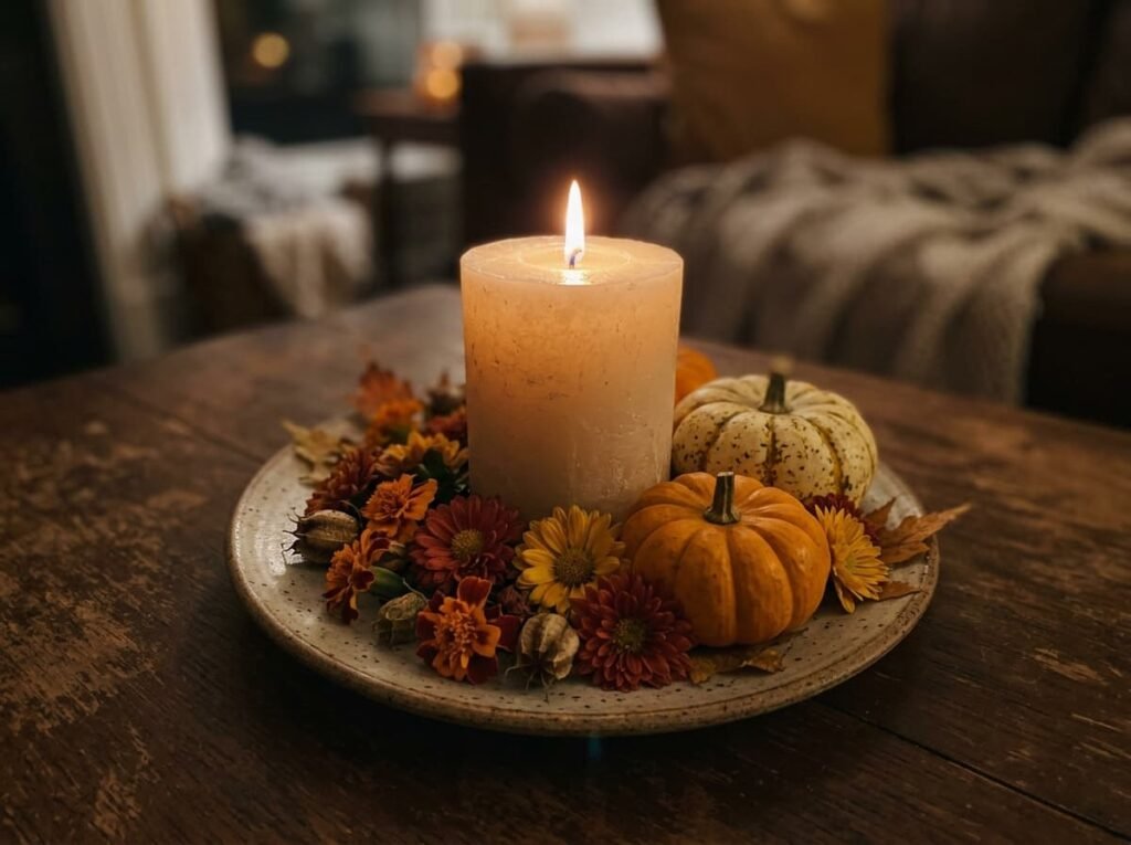 Pillar candle wrapped in a ring of fall flowers