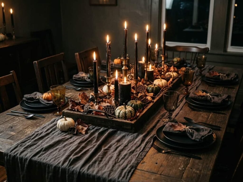 Spooky dining table centerpiece with candles, mini pumpkins and dried leaves.