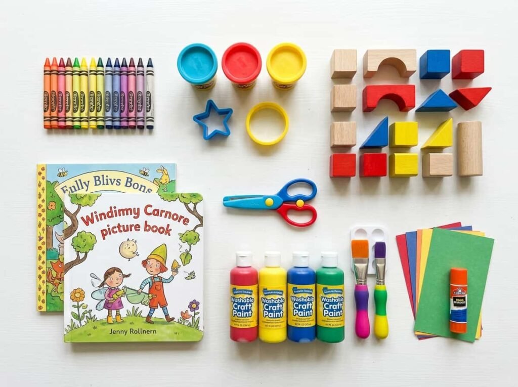 Basic preschool at home supplies including crayons, playdough, blocks, and picture books