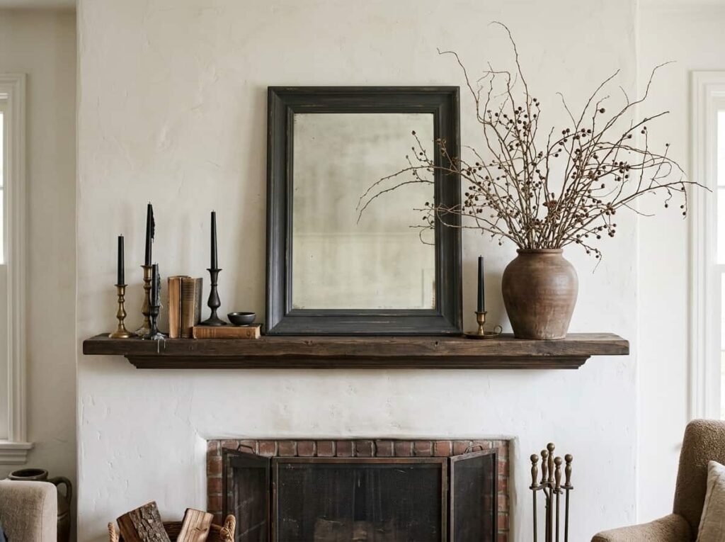 Halloween aesthetic living room mantel with black candles and dried branches]