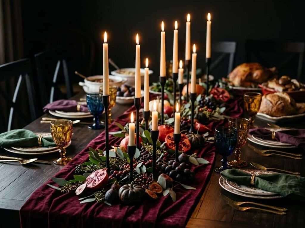 Staggered black candlesticks with lit candles on a burgundy Thanksgiving table runner.