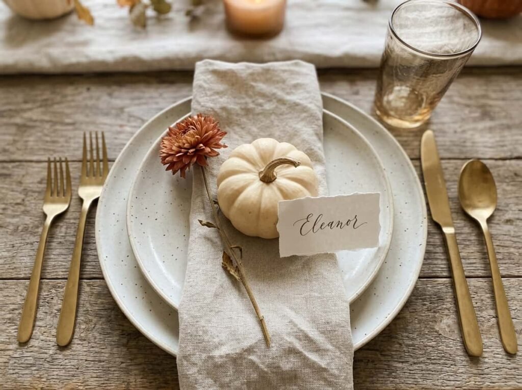 Mini pumpkin and single flower stem at a Thanksgiving place setting