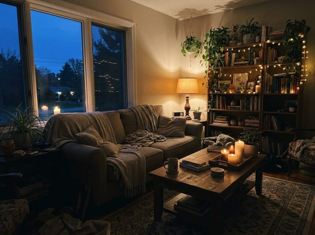 cozy Halloween living room with warm lamp light, candles and string lights]