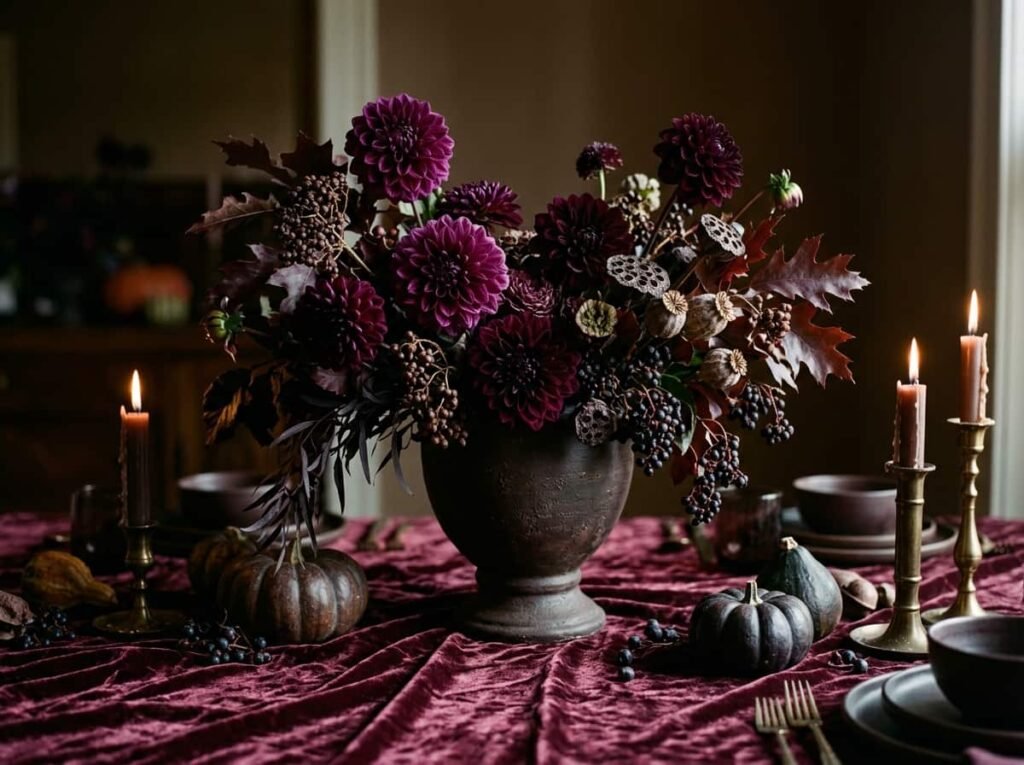 Dark urn centerpiece with deep purple dahlias and dried berries on a Thanksgiving table.