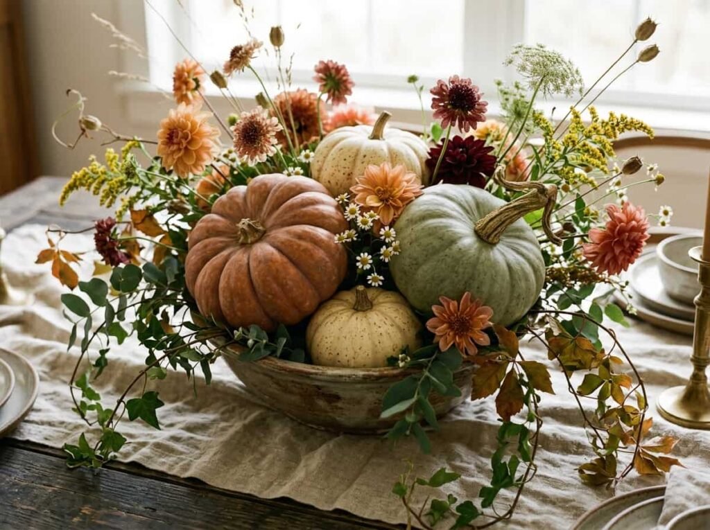 Balanced pumpkin and flower centerpiece with structure and softness