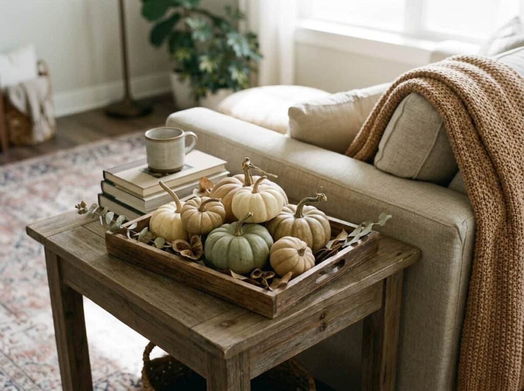muted cozy Halloween decor with small cream and sage pumpkins on a tray