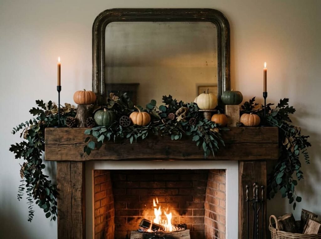 Halloween mantel decor with a statement mirror, garland, candles and pumpkins.