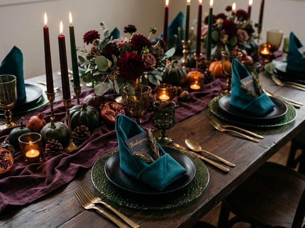 Teal napkins folded into tall pockets on black plates at a jewel tone Thanksgiving place setting.