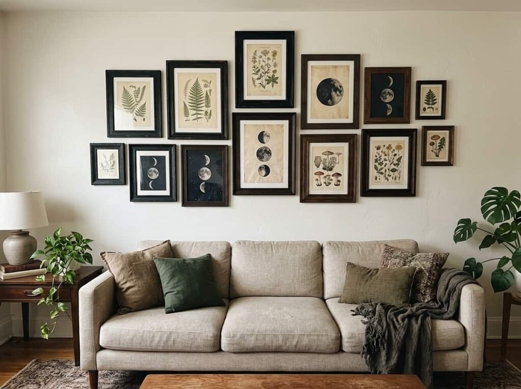 moody Halloween living room gallery wall with vintage prints in dark frames