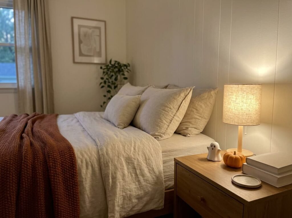 Cute Halloween bedroom decor with a ghost figurine, pumpkin and warm lamp light.