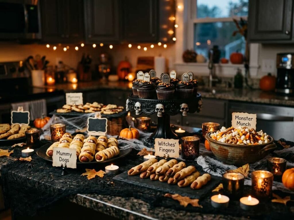 Spooky snack station with dark platters and labeled treats on a kitchen counter