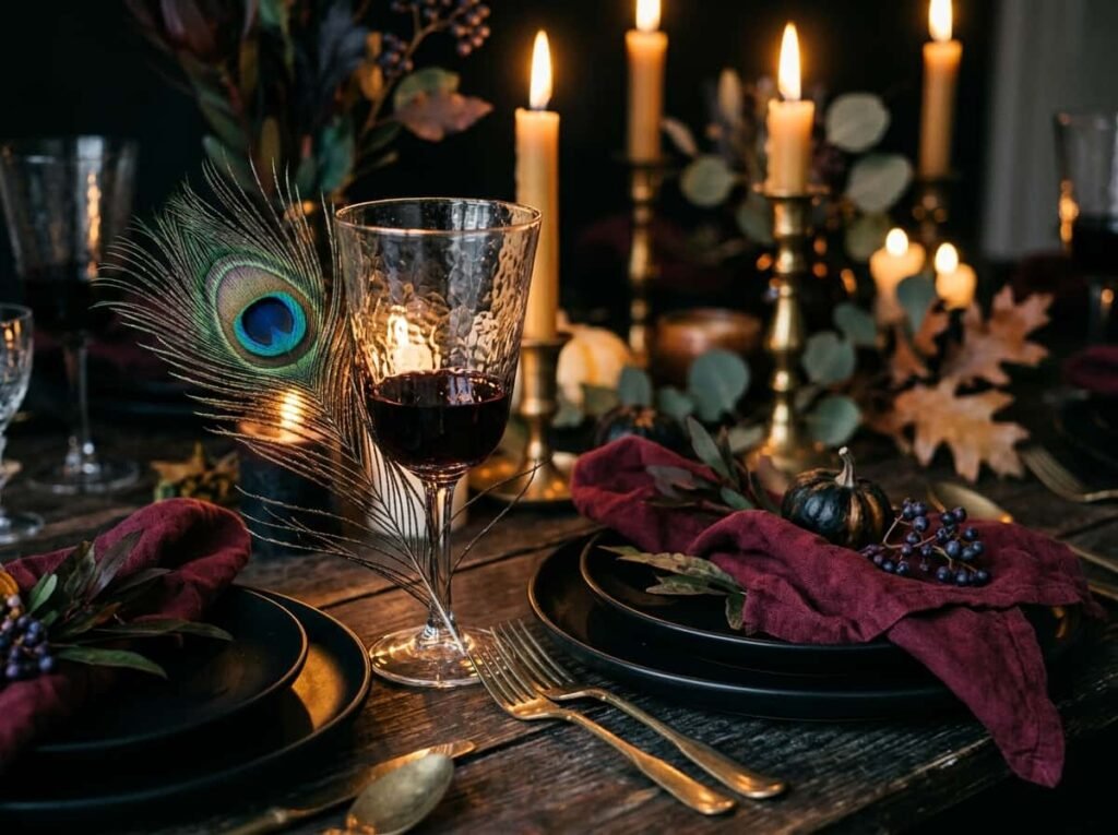 Peacock feather tucked behind a wine glass on a moody burgundy Thanksgiving table.