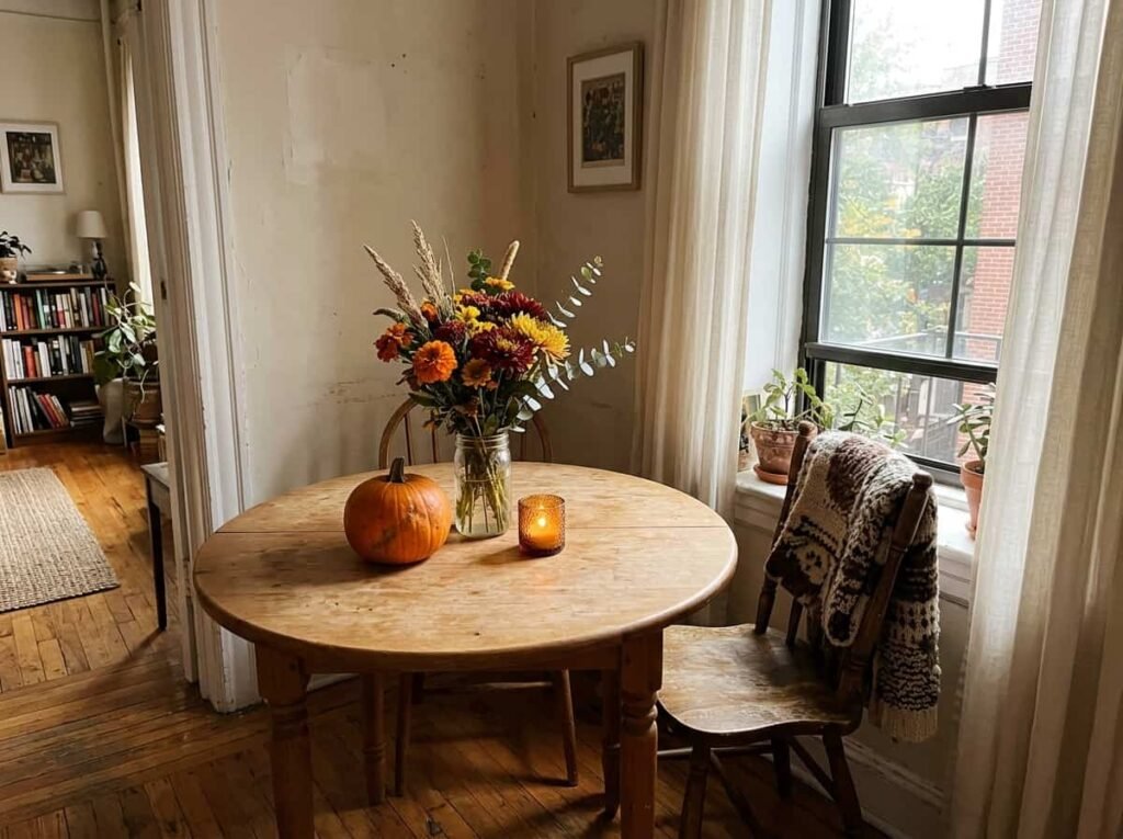 Small-space Thanksgiving centerpiece with one pumpkin and a jar of flowers