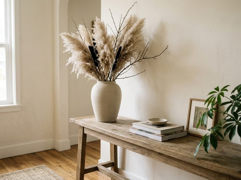 dried florals and black botanicals for subtle Halloween decor in a living room]