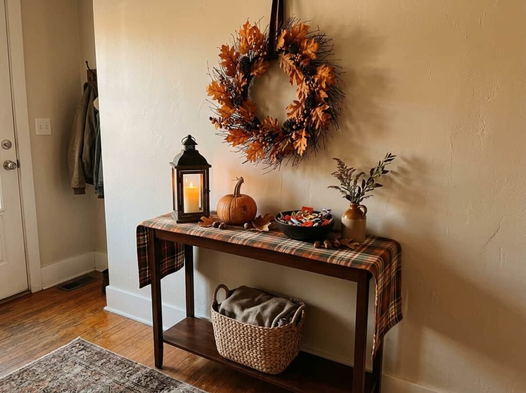 Welcoming Halloween entryway styled with a console table, wreath and lantern.