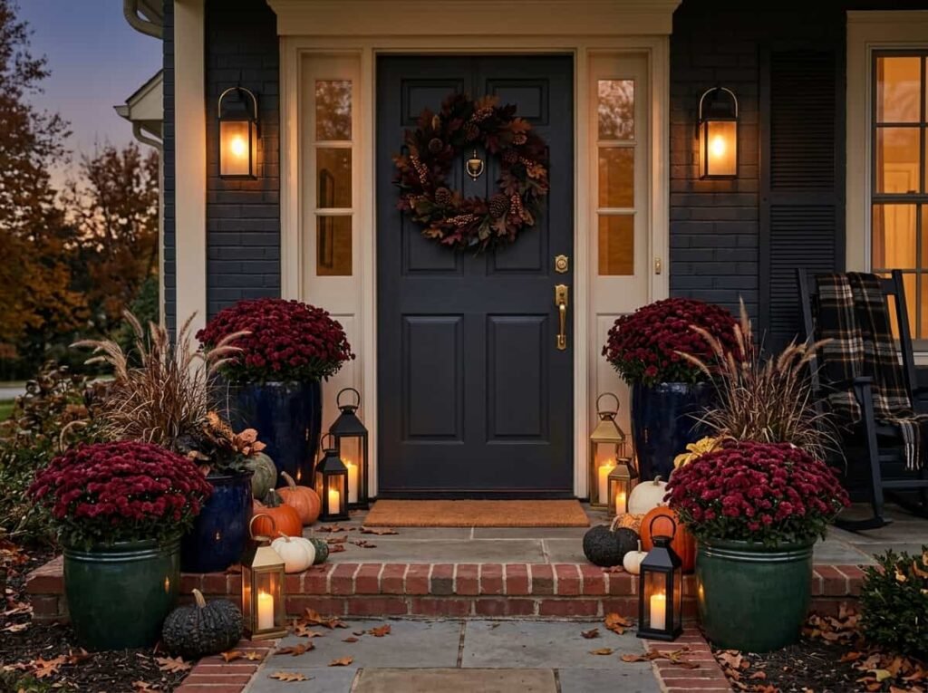 Fall front porch with navy planters, burgundy mums, and brass lanterns