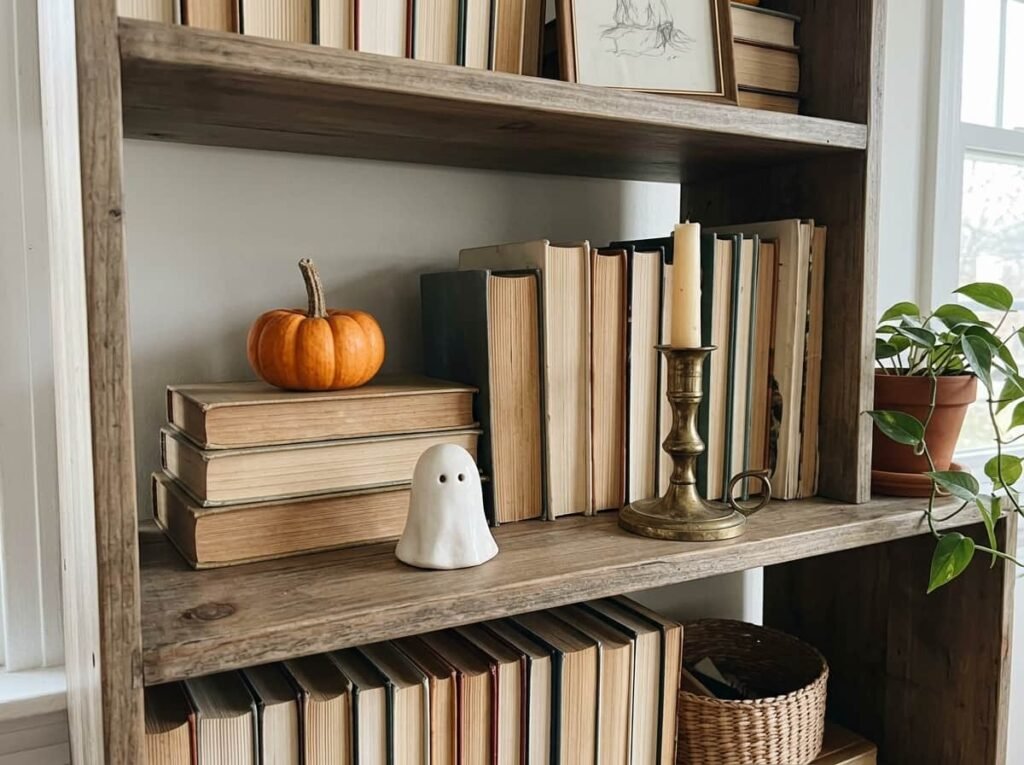 subtle Halloween decor on living room bookshelves with books and a ceramic ghost