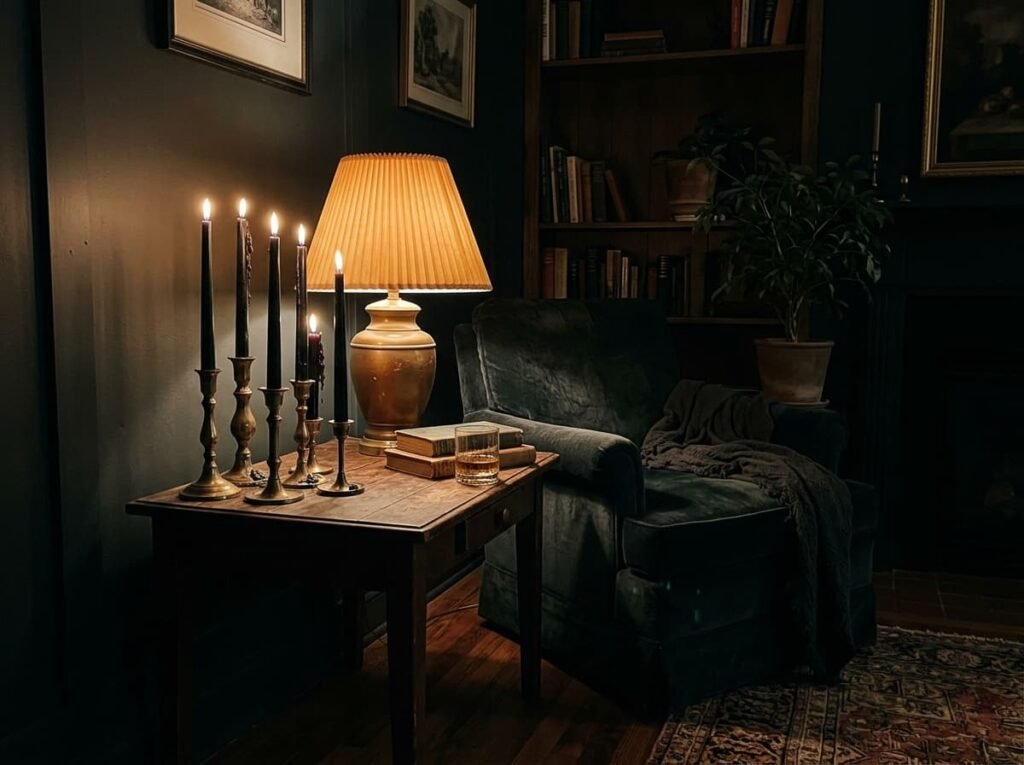 Moody Halloween lighting with candle clusters and a warm lamp