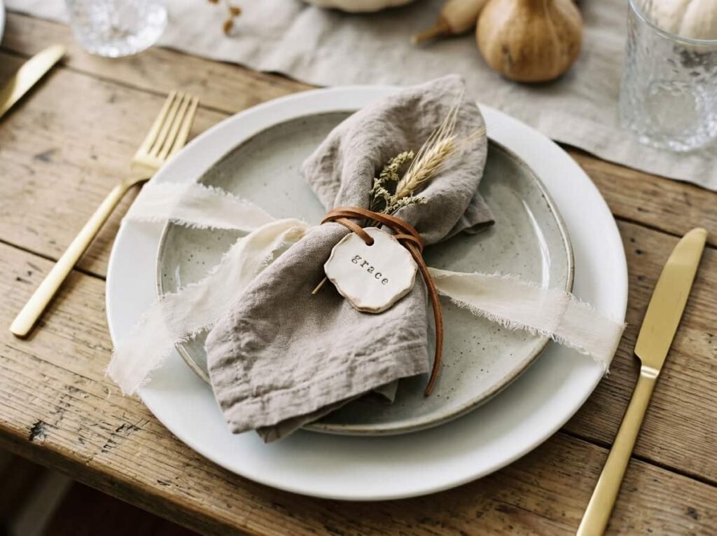 Close-up neutral Thanksgiving place setting with taupe napkin, leather tie, sheer ribbon, and clay name tag.