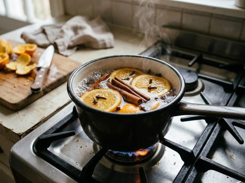 cozy fall simmer pot with orange slices and cinnamon for a Halloween living room scent