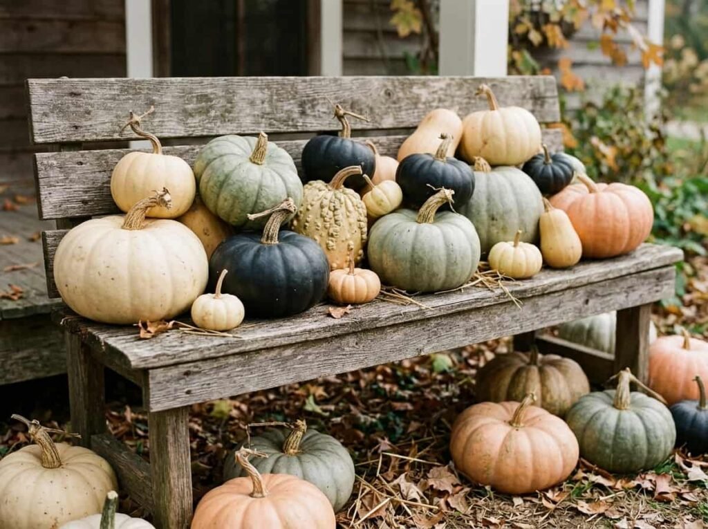 Uncarved pumpkin and gourd decor in muted colors on a wooden bench.