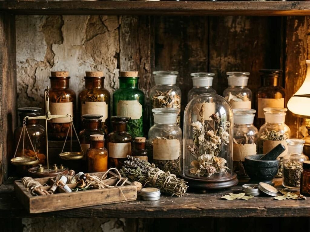 Apothecary shelf with glass jars, wooden tray, cloche and brass scale in a cozy home