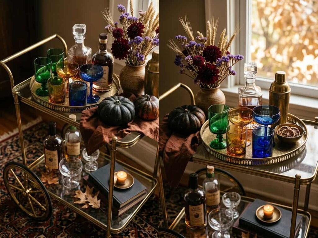 Jewel toned fall bar cart with colored glasses, brass tray, and dried flowers