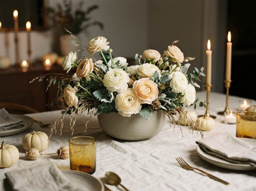Creamy ranunculus in a stoneware vase as the focal centerpiece of a neutral Thanksgiving table.
