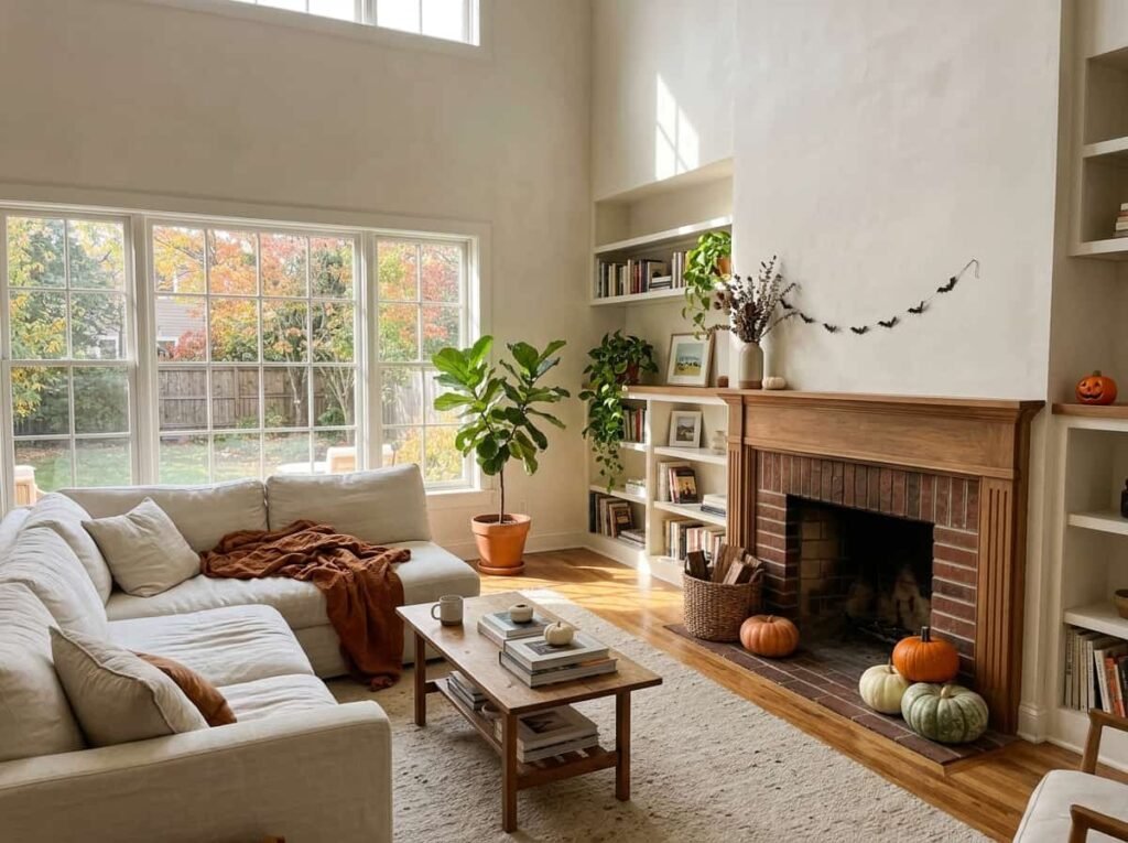 balanced Halloween aesthetic living room with simple decor and open space]
