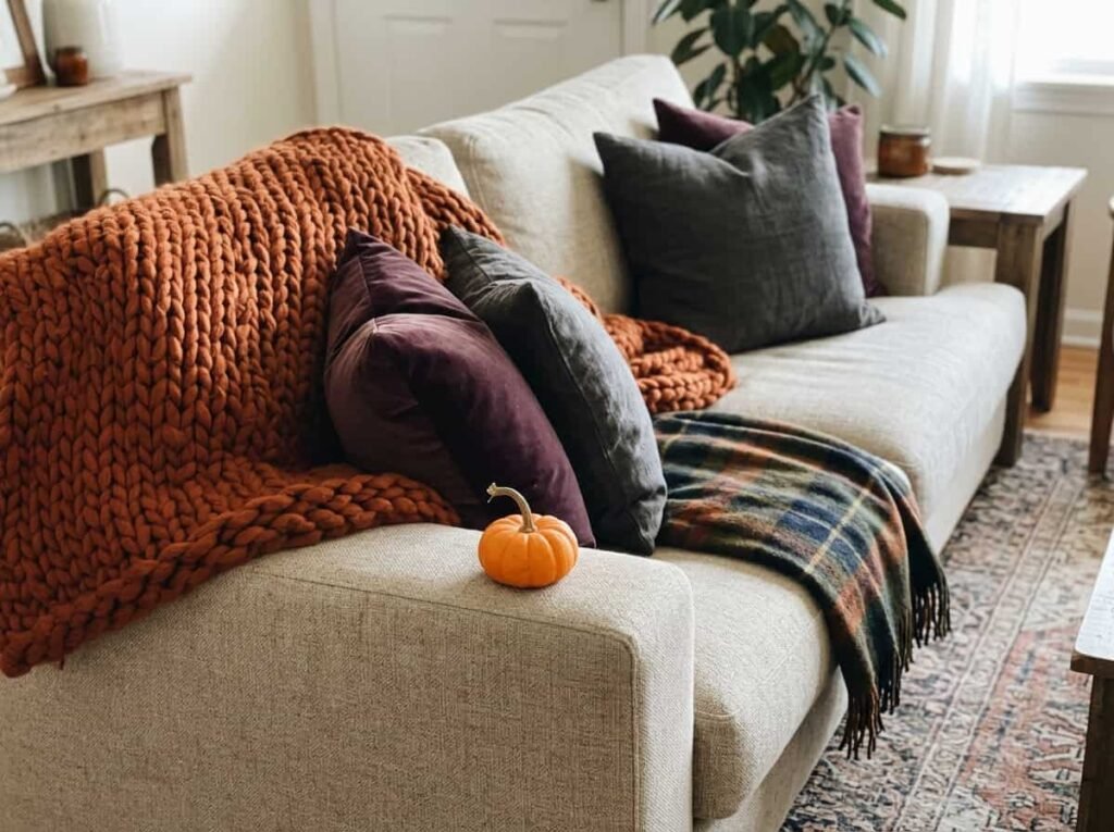 Cozy Halloween textiles including throws and pillows in rust and plum.