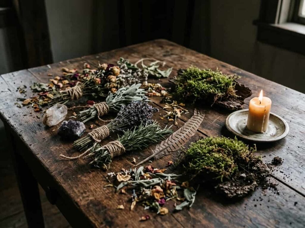 Dried herbs, crystals, moss and a lit candle arranged on a rustic table