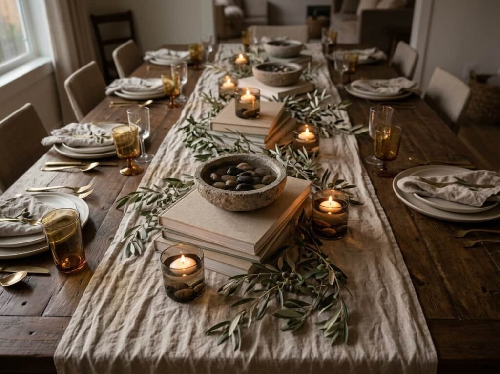 Layered neutral Thanksgiving centerpiece with stone bowls, floating candles, olive branch, and linen books