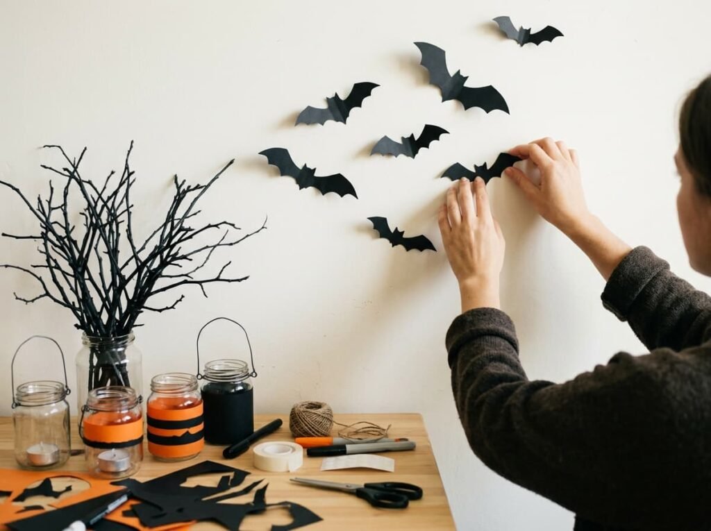 Simple DIY Halloween decor with paper bats, jar lanterns and painted branches.