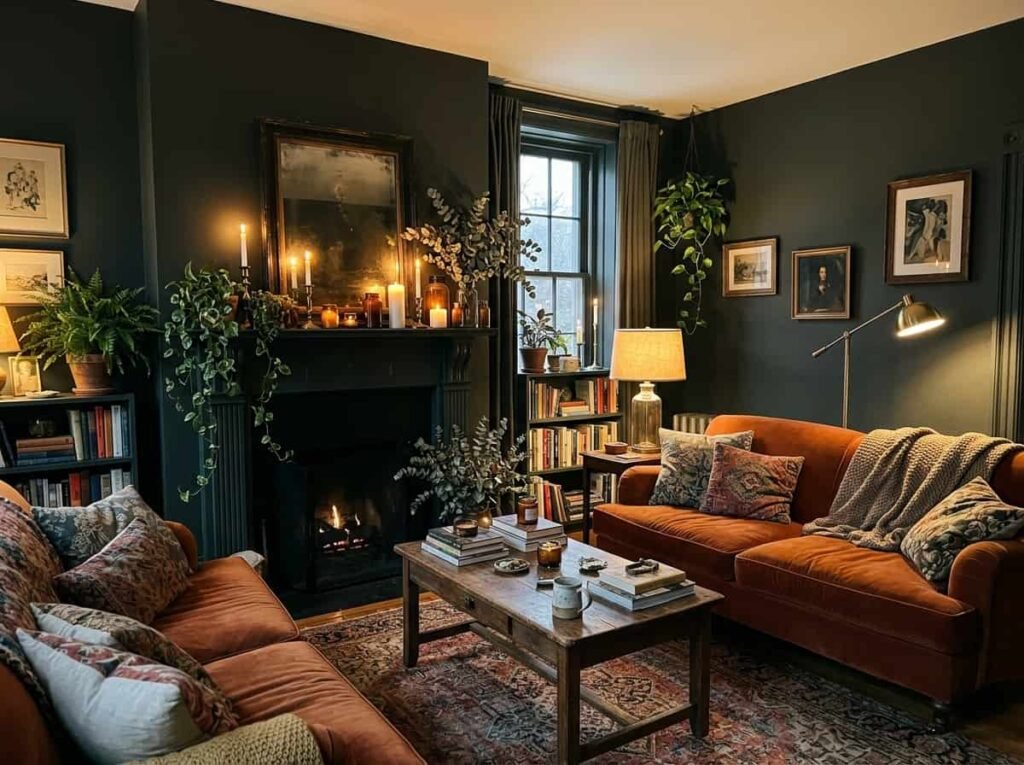 Cozy living room with dark walls and a mantel styled with candles, jars and botanicals