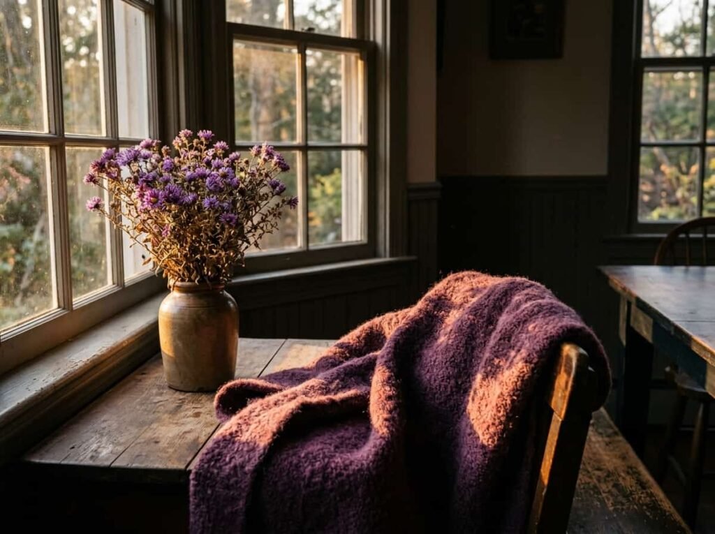 Golden autumn light on a plum blanket and dried purple asters