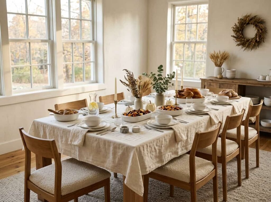 Neutral Thanksgiving dining room with cream seat cushions, white serving dishes, and a lemon water carafe.