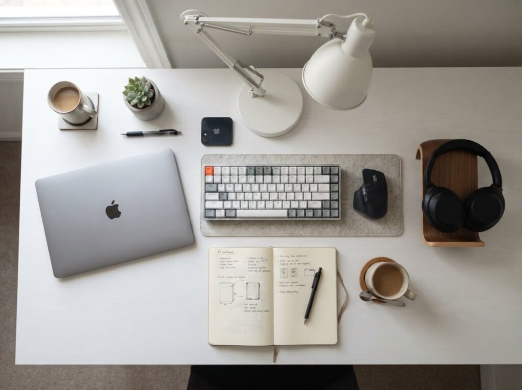 Flat-lay of essential home office equipment including laptop, keyboard, mouse and headphones