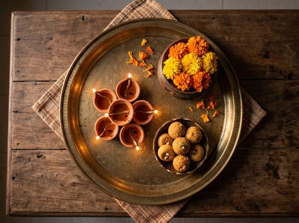 Top-down view of a coffee table styled with one brass tray of diyas, marigolds and sweets