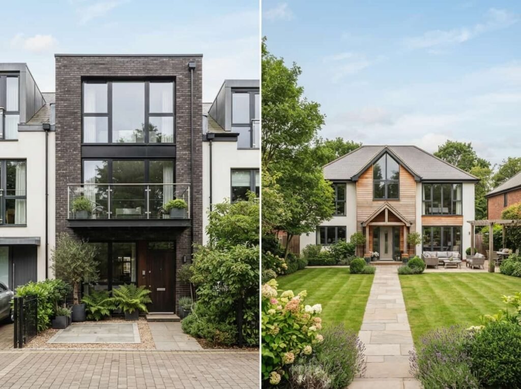 Split-image comparison, left side a modern narrow terrace house, right side a wide detached house with a garden, both in the same soft daylight, clean editorial photography style.