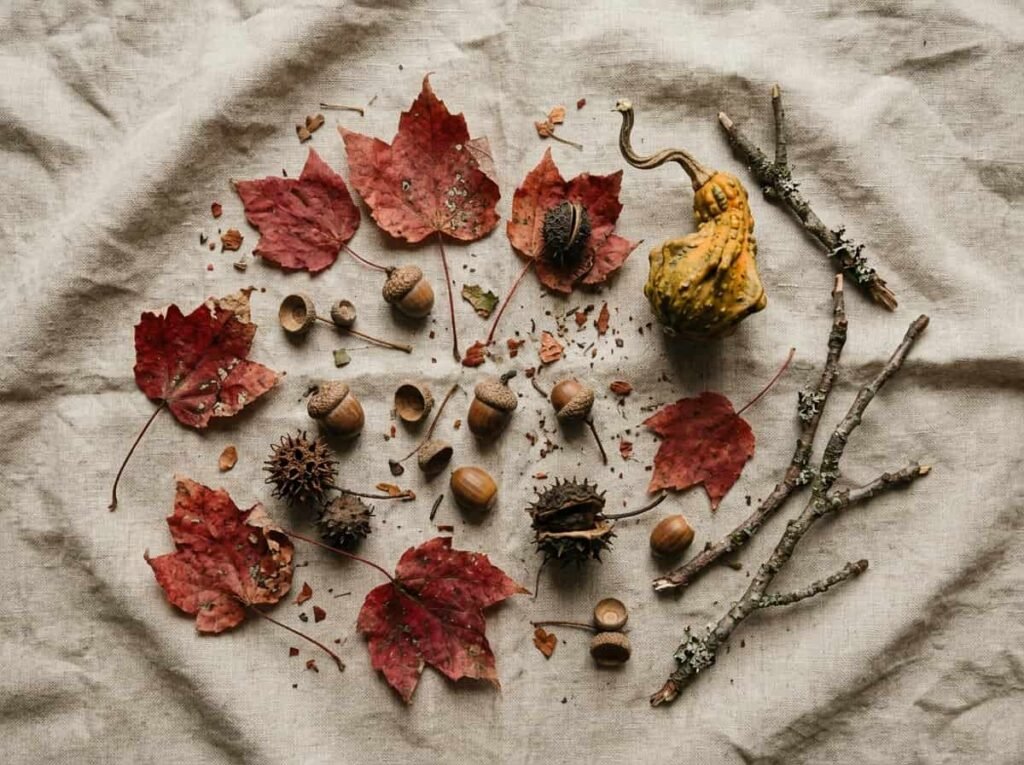 Flat lay of foraged autumn leaves, seed pods, twigs and a gourd on linen