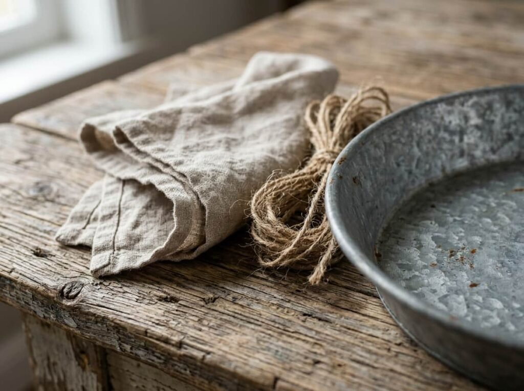 Close-up of wood, galvanized metal, linen and jute textures for a rustic Thanksgiving tablescape