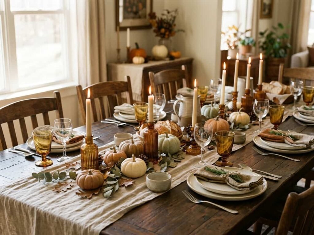 Thanksgiving dining table with a neutral runner, ivory plates and amber candles in soft window light