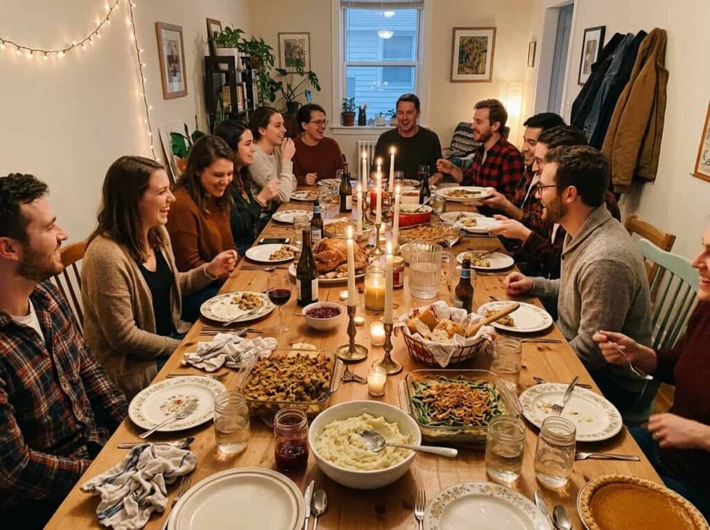Casual Friendsgiving table setting with mismatched plates and candles