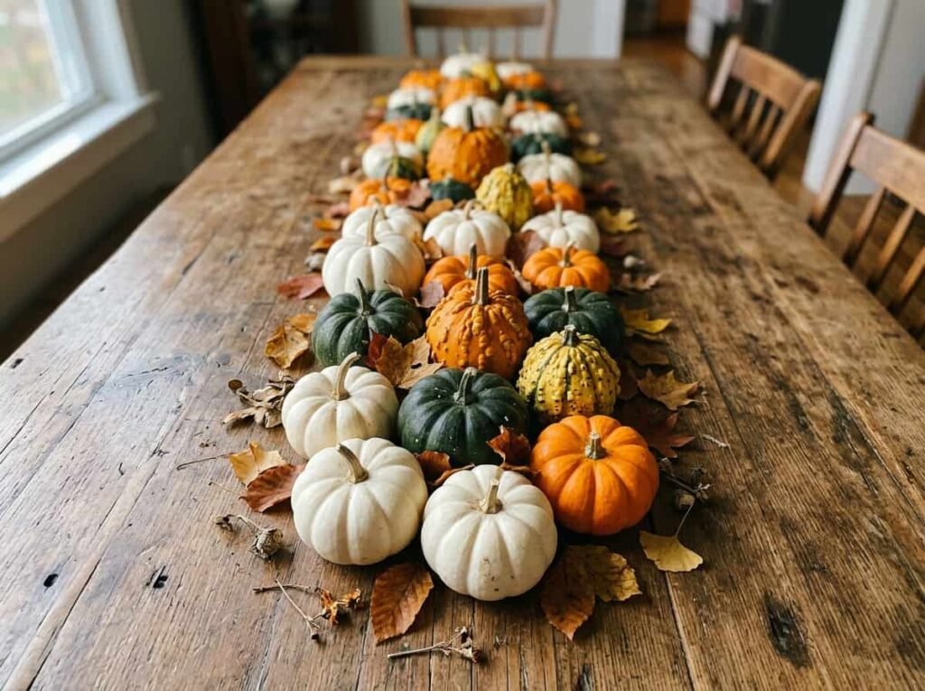 Mini pumpkins and gourds arranged as a centerpiece on a wooden Thanksgiving table
